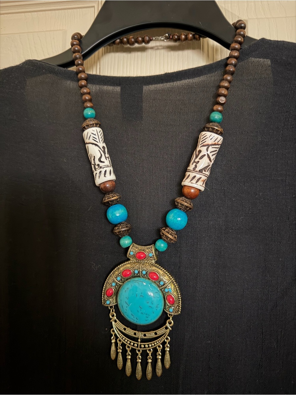 Bohemian Turquoise & Red Pendant Necklace with Wood Beads